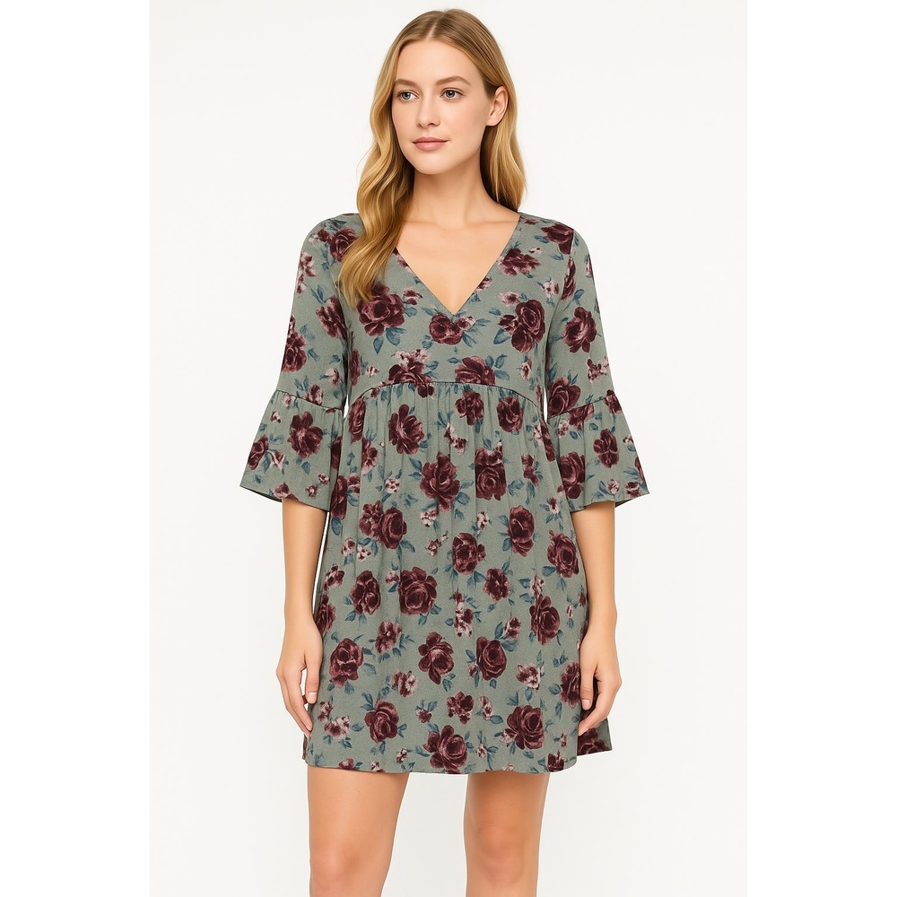 Umgee USA Multicolor‎ Womens Mixed Floral Babydoll VNeck BellSleeve Dress Medium